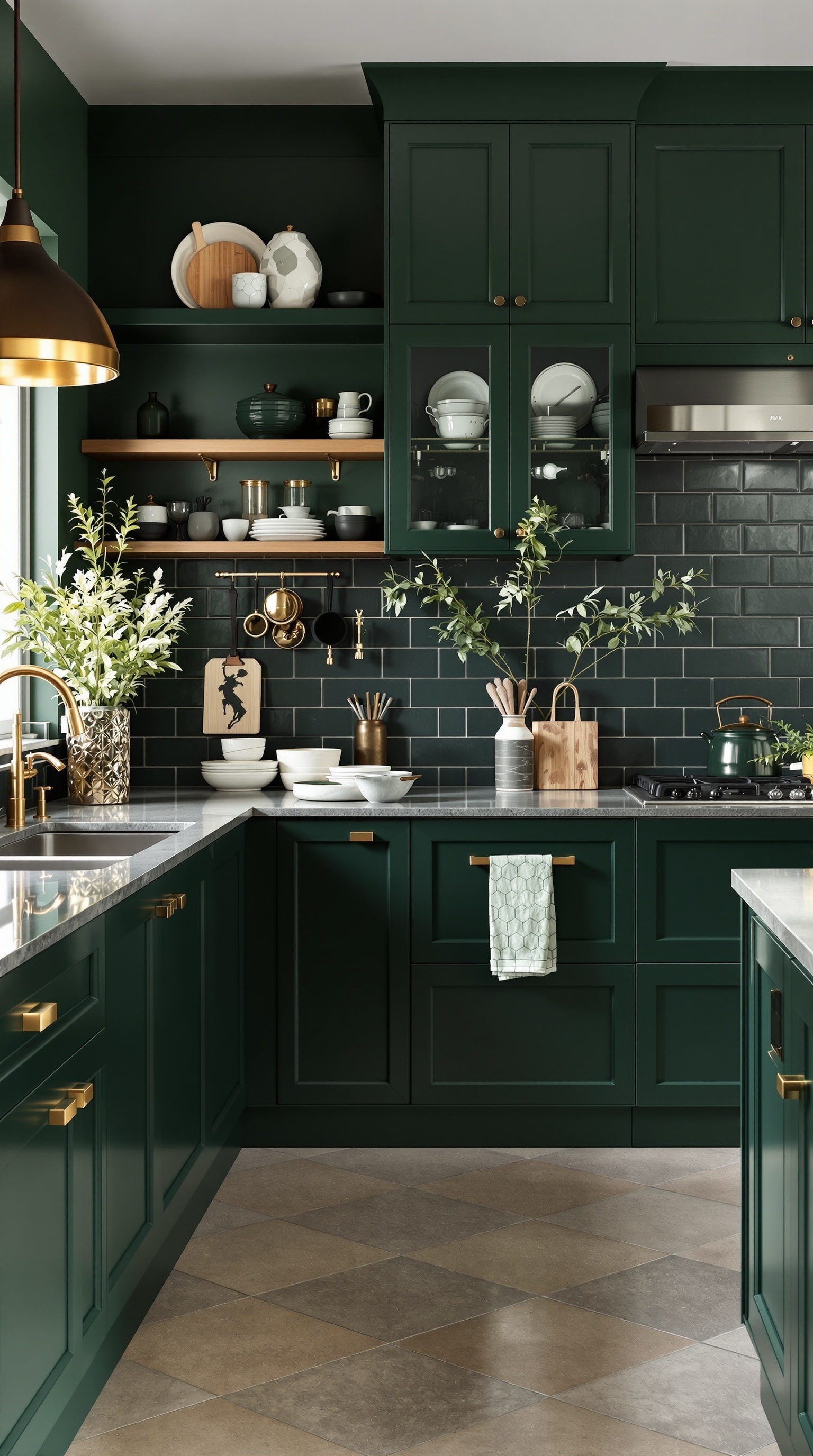Moderne Küche mit neutralen Farben und grünen Stühlen