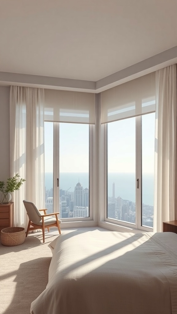 Ein minimalistisches Schlafzimmer mit großen Fenstern und hellen Vorhängen, das einen Blick auf die Stadt bietet.