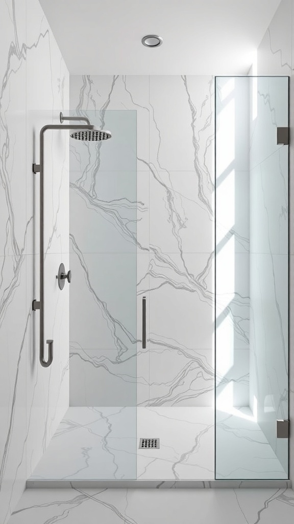 Moderne Walk-In-Dusche mit eleganten marmorierten Fliesen