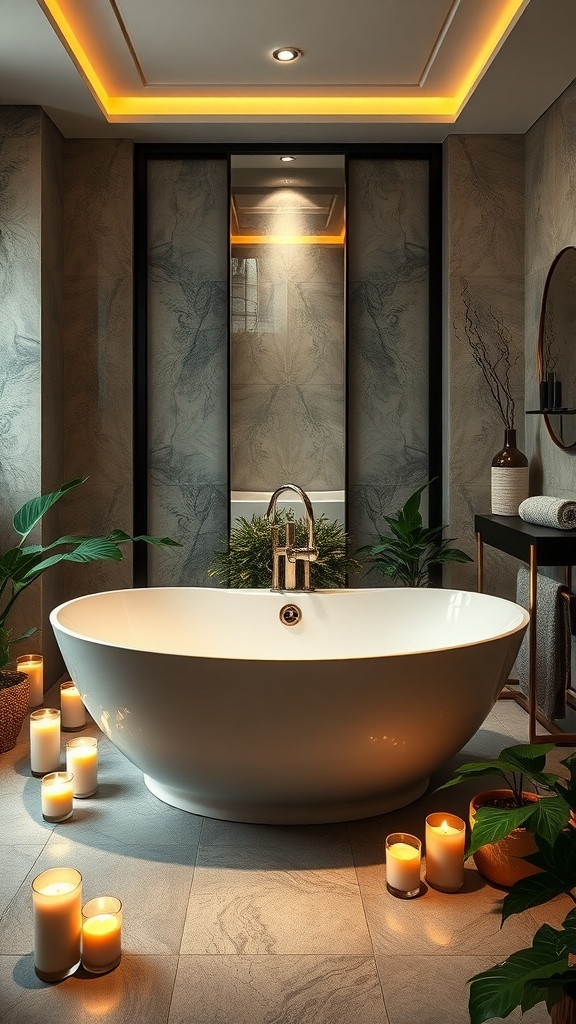 Ein modernes Badezimmer mit freistehender Badewanne und Blick auf das Wasser