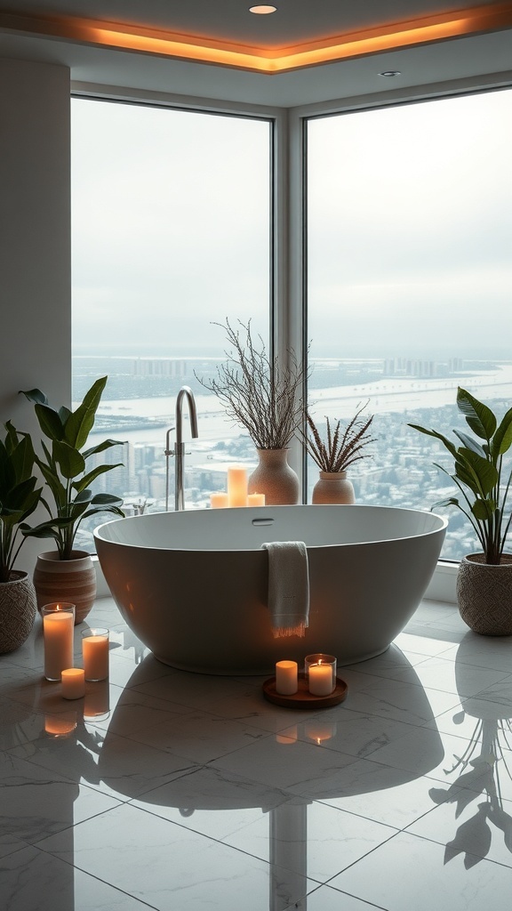 Freistehende Badewanne in einem modernen Badezimmer mit Blick auf die Stadt, umgeben von Pflanzen und Kerzen.