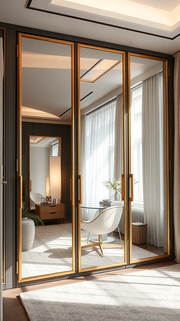Moderne Garderobe mit großen Spiegeln und goldenen Rahmen