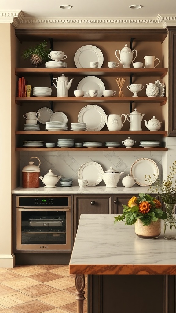 Elegante Geschirr-Sammlungen in einer maximalistischen Küche mit Holzregalen und feinem Porzellan.