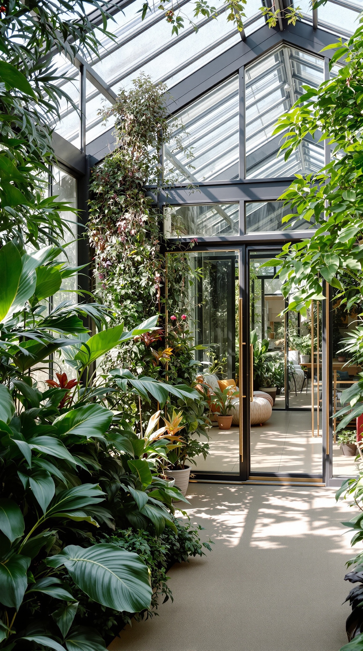 Ein moderner Wintergarten mit Glasfronten, Pflanzen und stilvollen Möbeln