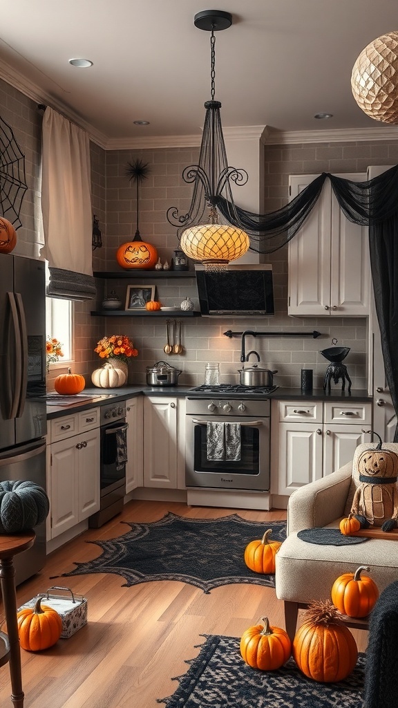 Eine elegante Küche dekoriert für Halloween mit Kürbissen, Spinnennetzen und stilvollen Accessoires.