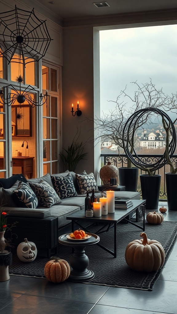 Elegante Halloween-Dekoration auf einer Terrasse mit Kürbissen, Kerzen und einer Spinne