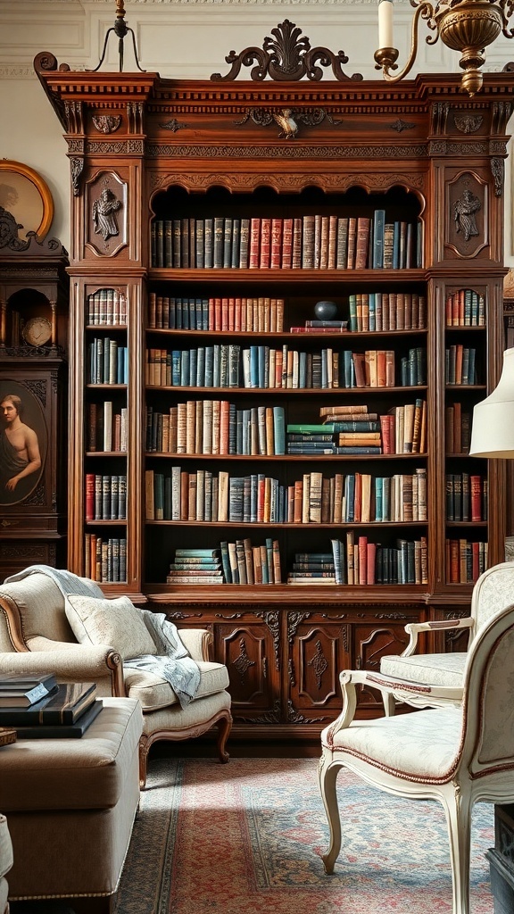 Ein elegantes Holzregal mit Schnitzereien, gefüllt mit bunten Büchern, in einem stilvollen Wohnzimmer.