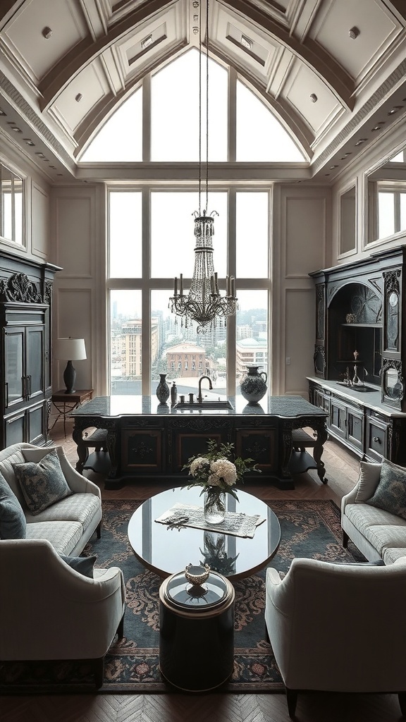 Elegante Kücheninsel mit Blick auf die Stadt, stilvolle Sessel und luxuriöse Details
