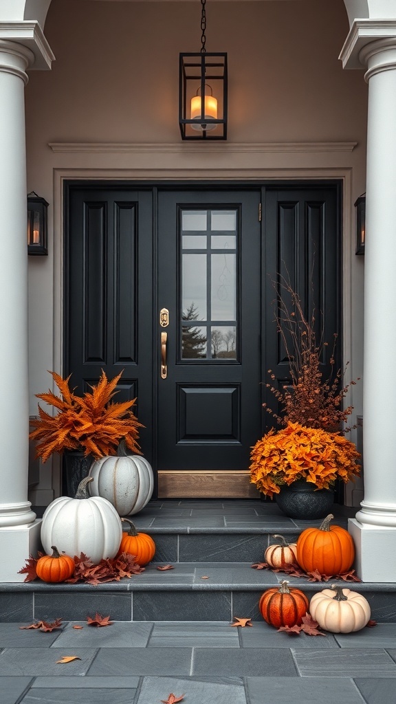 Elegantes Kürbisarrangement vor einer Eingangstür mit herbstlichen Pflanzen.