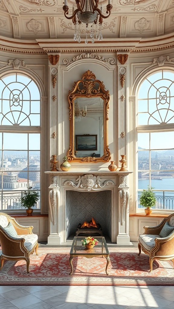Elegante Kaminverkleidung in einem luxuriösen Rococo-Wohnzimmer mit großen Fenstern und stilvollen Möbeln.