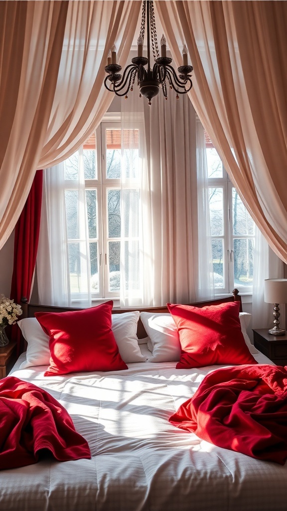 Ein elegantes Schlafzimmer mit kirschroten Akzenten, großen Fenstern und sanften Vorhängen.