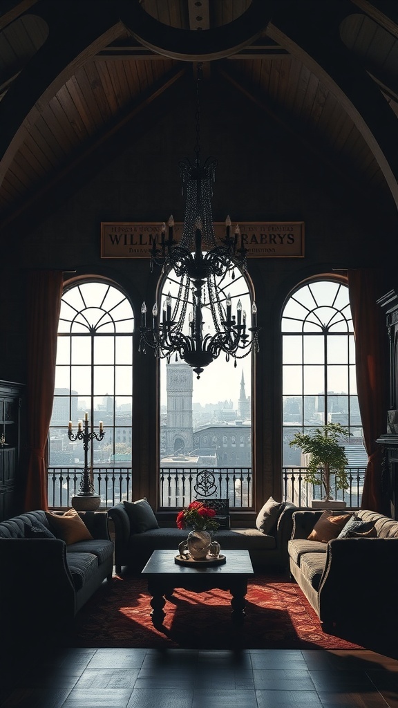 Ein stilvolles Wohnzimmer mit einem eleganten Kronleuchter, großen Fenstern und gemütlichen Möbeln.
