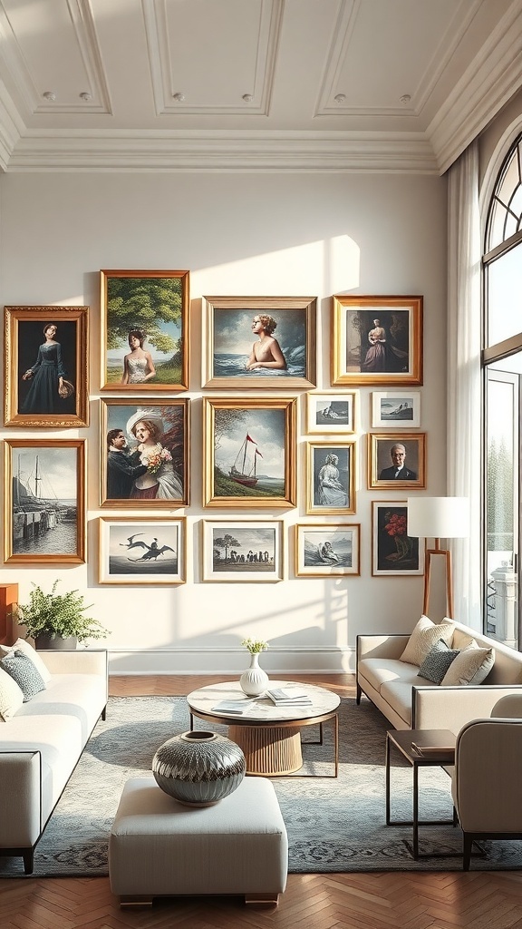 Elegante Wohnräume mit einer Vielzahl von Kunstwerken an der Wand
