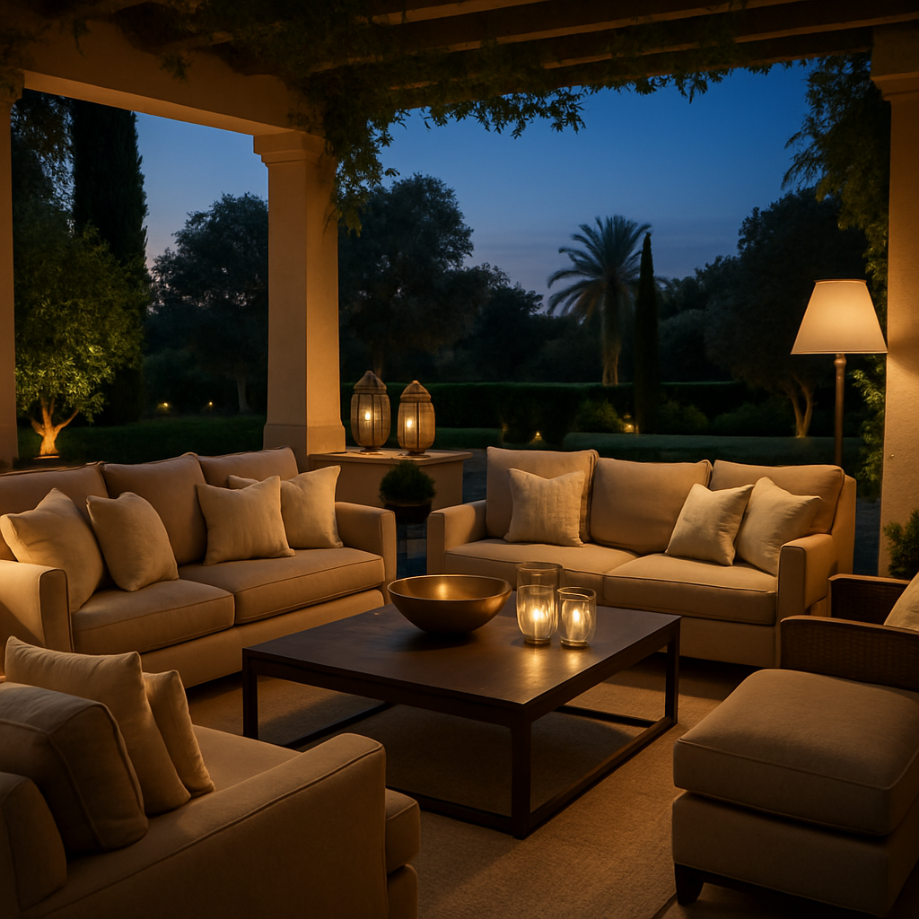 Eleganter Lounge-Bereich im Freien mit bequemen Möbeln und Blick auf die Landschaft