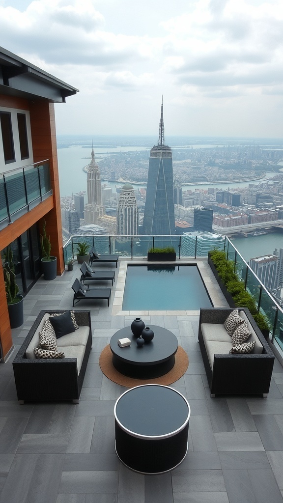 Luxuriöse Dachterrasse mit Lounge-Möbeln und Panoramablick auf die Skyline einer Stadt