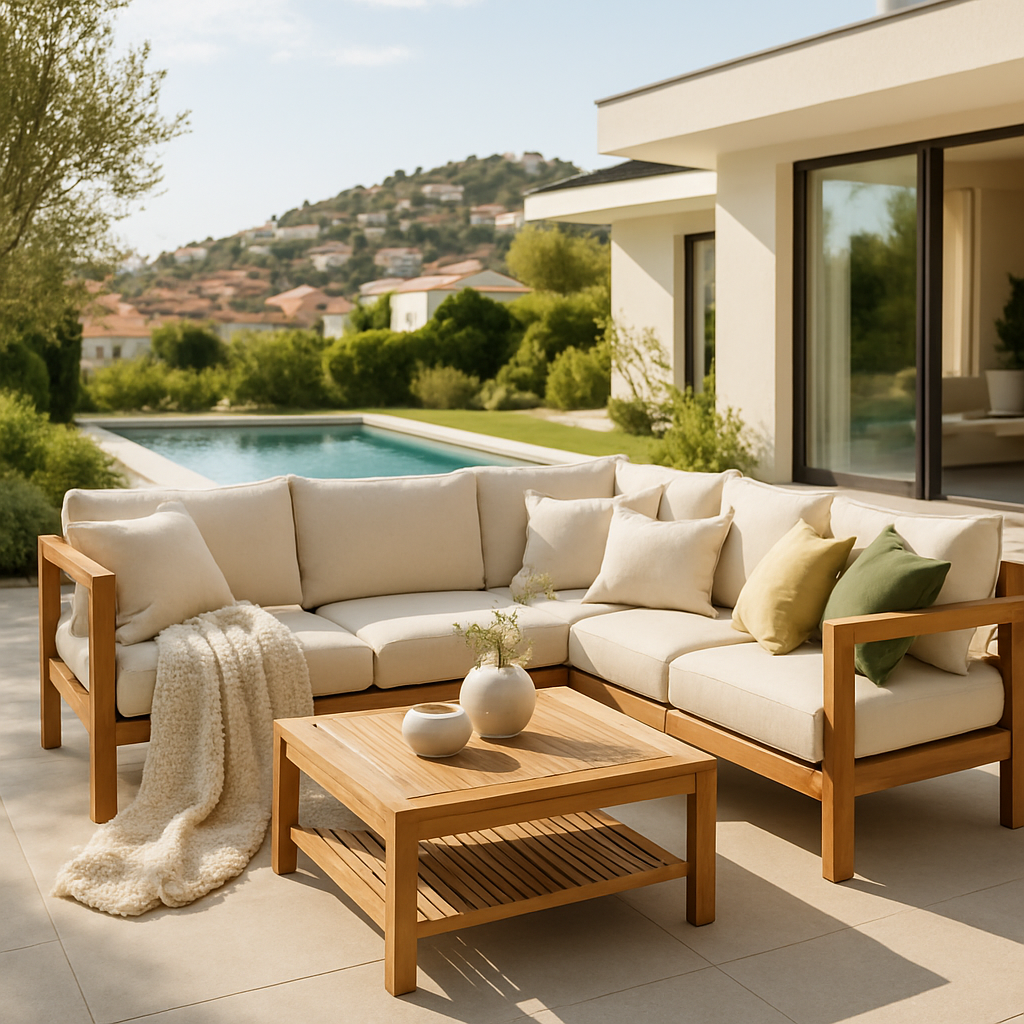 Gemütliche Outdoor-Lounge mit Teakholzmöbeln, hellen Kissen und einem Tisch, umgeben von einem Pool und grünen Pflanzen.