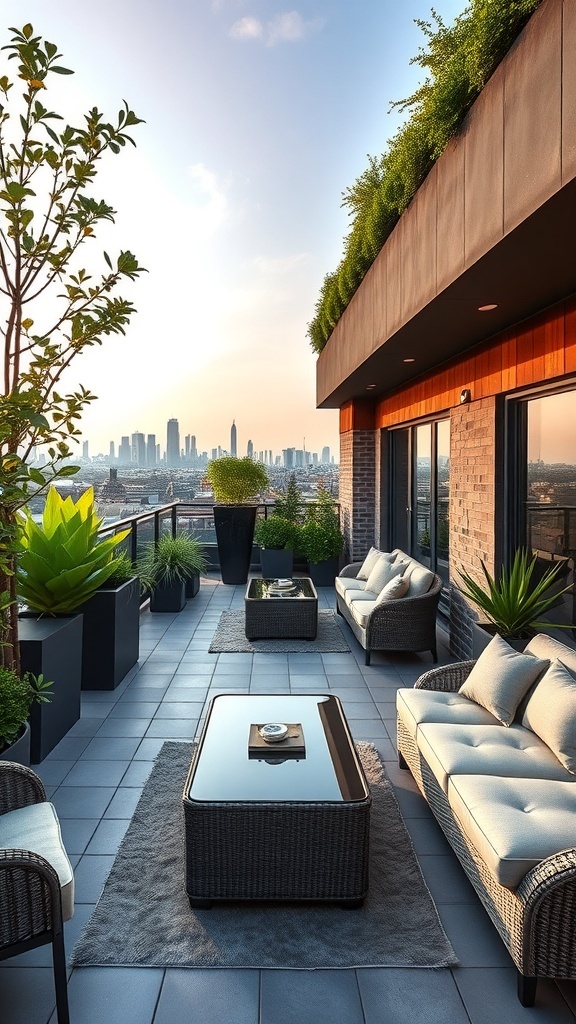 Elegante Möbel in einem Dachgarten mit Pflanzen und Stadtblick