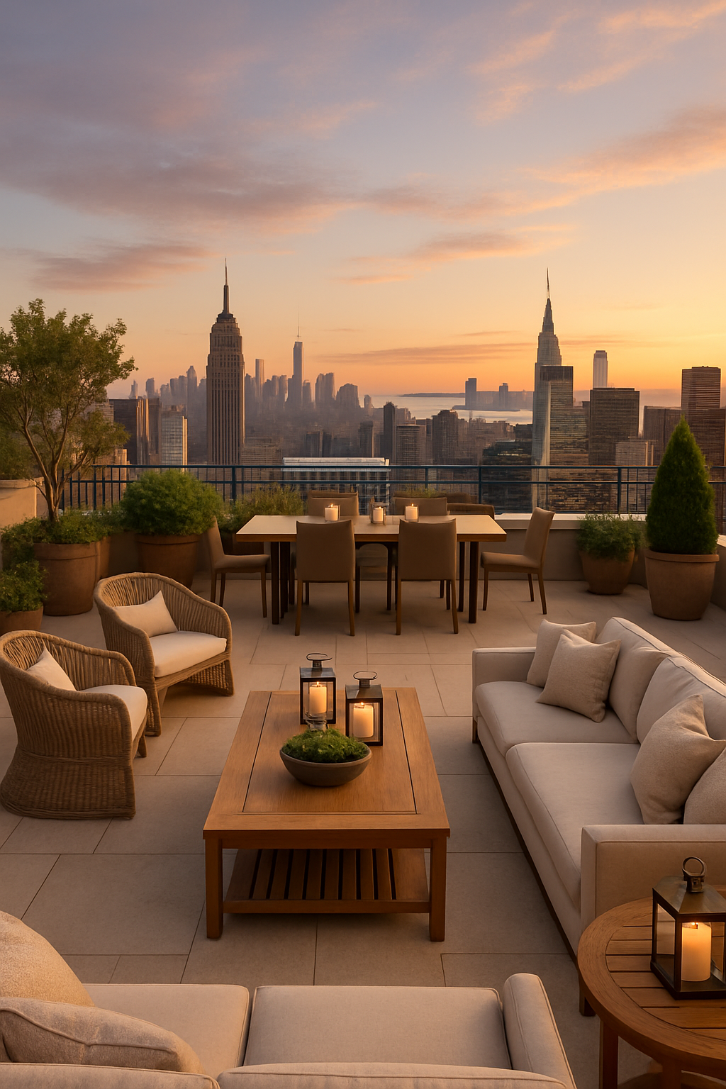 Luxuriöse Dachterrasse mit eleganten Möbeln und Blick auf die Stadt