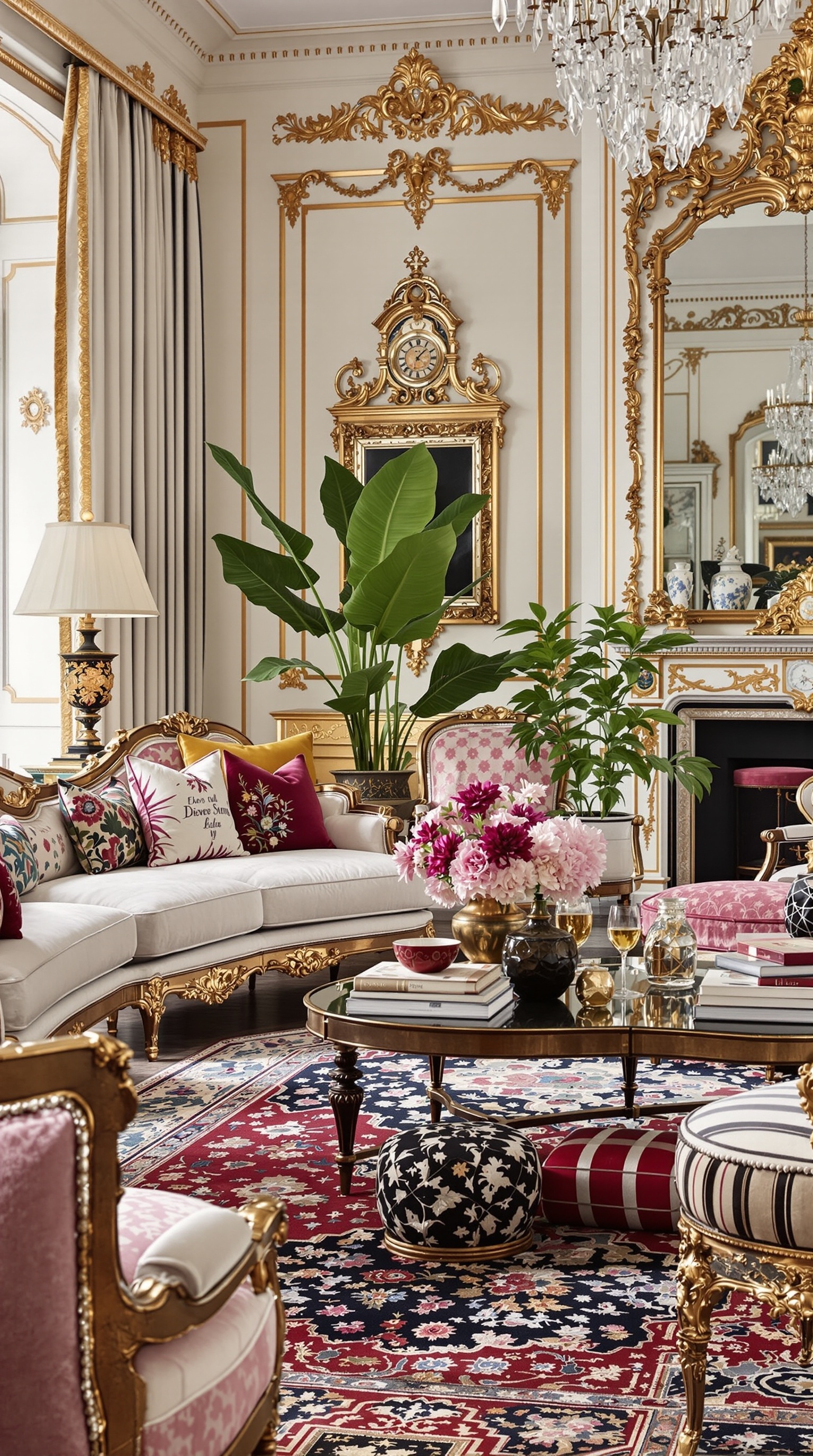 Elegante Möbelanordnung in einem Raum mit Rococo Revival und Eclectic Maximalism, Blick auf das Meer