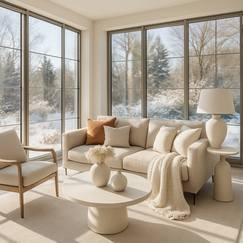 Moderne Sitzecke in einem Wintergarten mit Sofa, Stuhl und Couchtisch