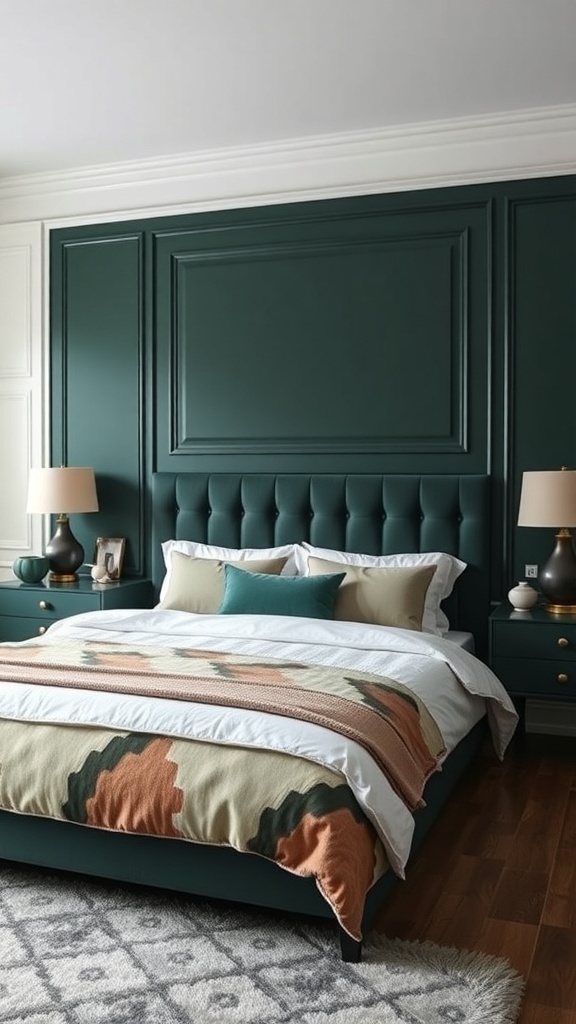 Elegantes Schlafzimmer mit dunklen Wänden und stilvollen Nachttischen