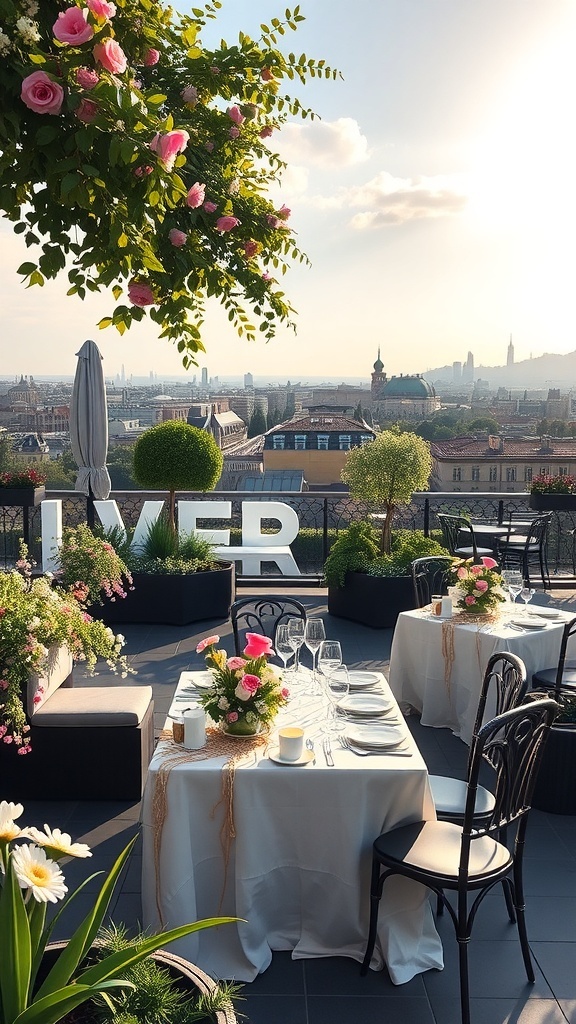 Elegante Dachterrasse mit festlich gedeckten Tischen, Blumen und Blick auf die Stadt