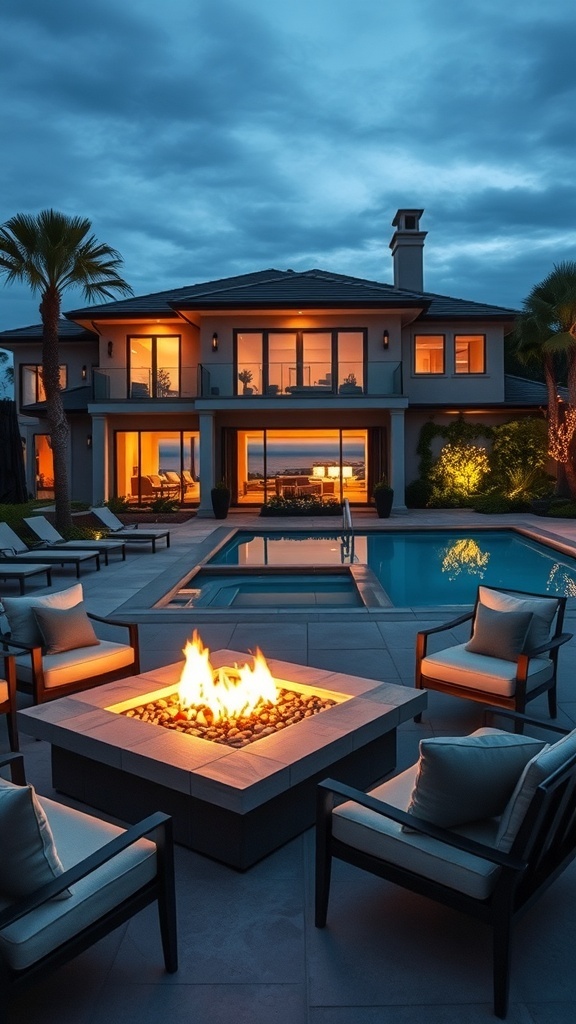 Elegante Outdoor-Lounge mit Feuerstelle und Pool bei Dämmerung