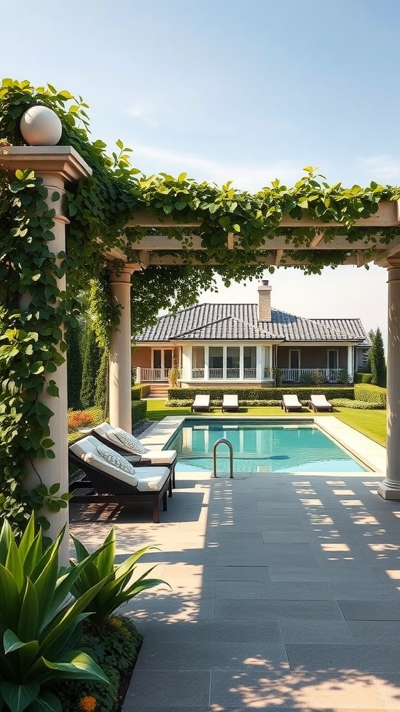 Elegante Pergola mit Kletterpflanzen und Pool im Hintergrund