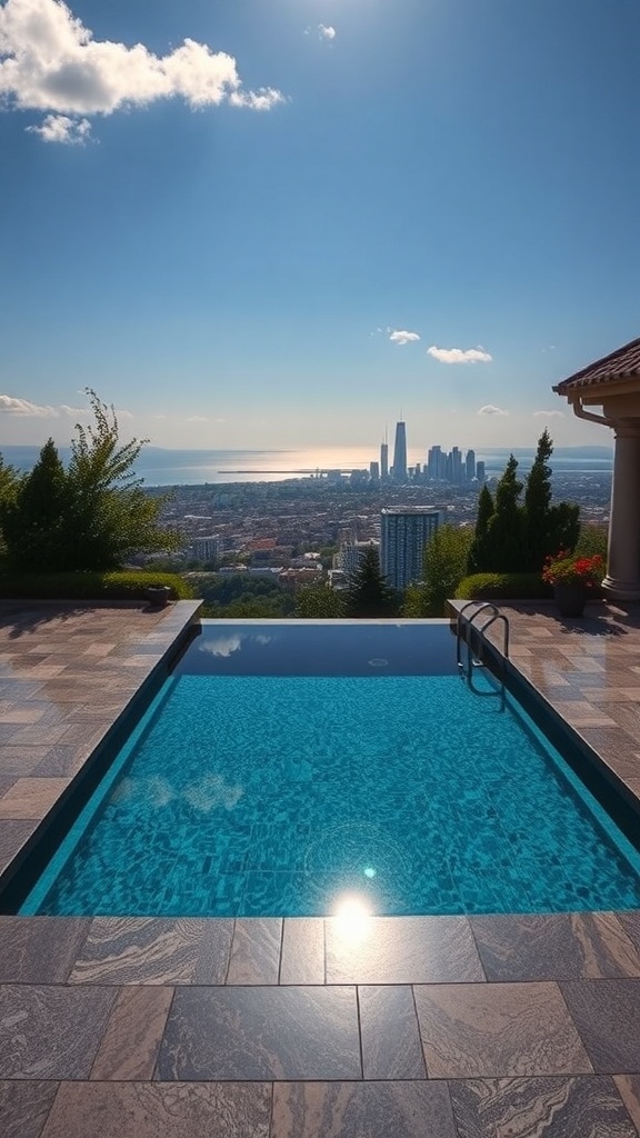 Ein Pool mit Granitumrandung und Blick auf die Stadt im Hintergrund