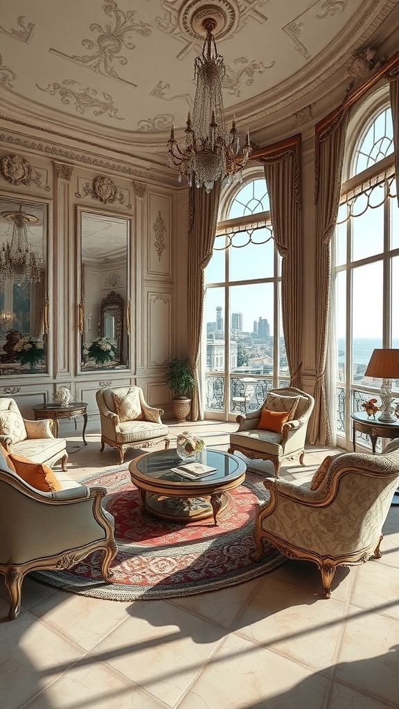 Elegantes Rococo Wohnzimmer mit stilvollen Möbeln, großen Fenstern und einem zentralen Tisch.