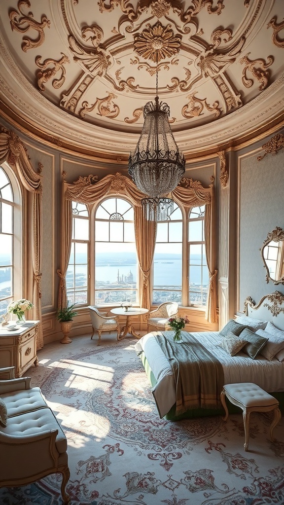 Elegantes Schlafzimmer im Rococo-Stil mit kunstvoller Decke und großen Fenstern