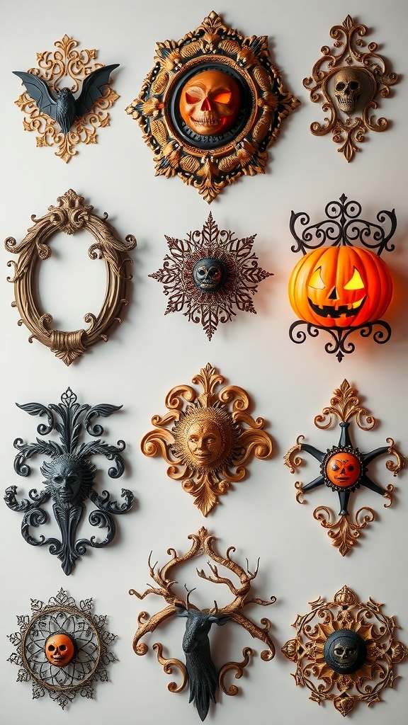Elegante Halloween Wanddekoration mit goldenen und schwarzen Akzenten, Fledermäusen, Kürbissen und einem großen Bilderrahmen.