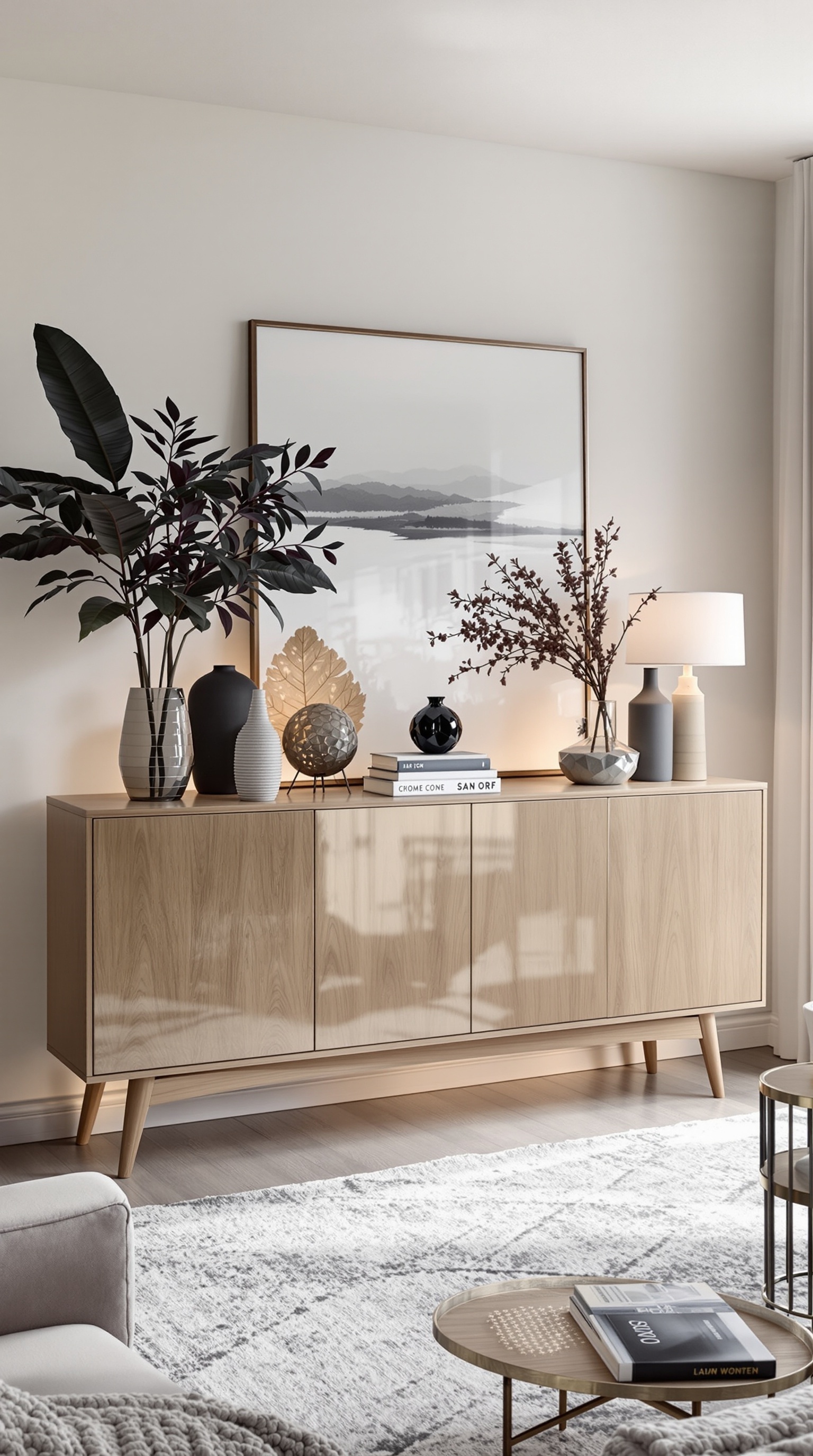 Ein modernes Sideboard aus hellem Holz in einem lichtdurchfluteten Raum, dekoriert mit einer Lampe, Bilderrahmen und einer Vase.