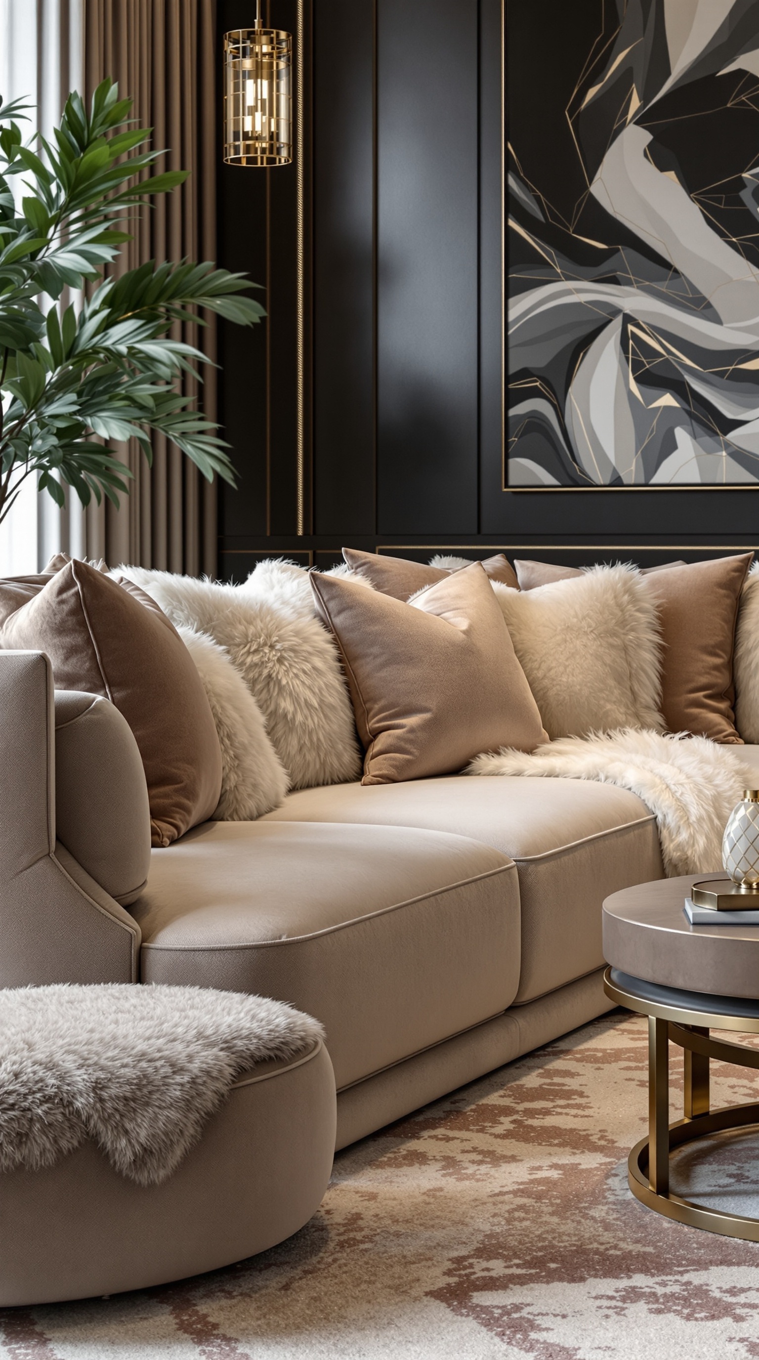 Ein stilvolles, elegantes Sofa in einem hellen Raum mit großen Fenstern und gemütlicher Dekoration.