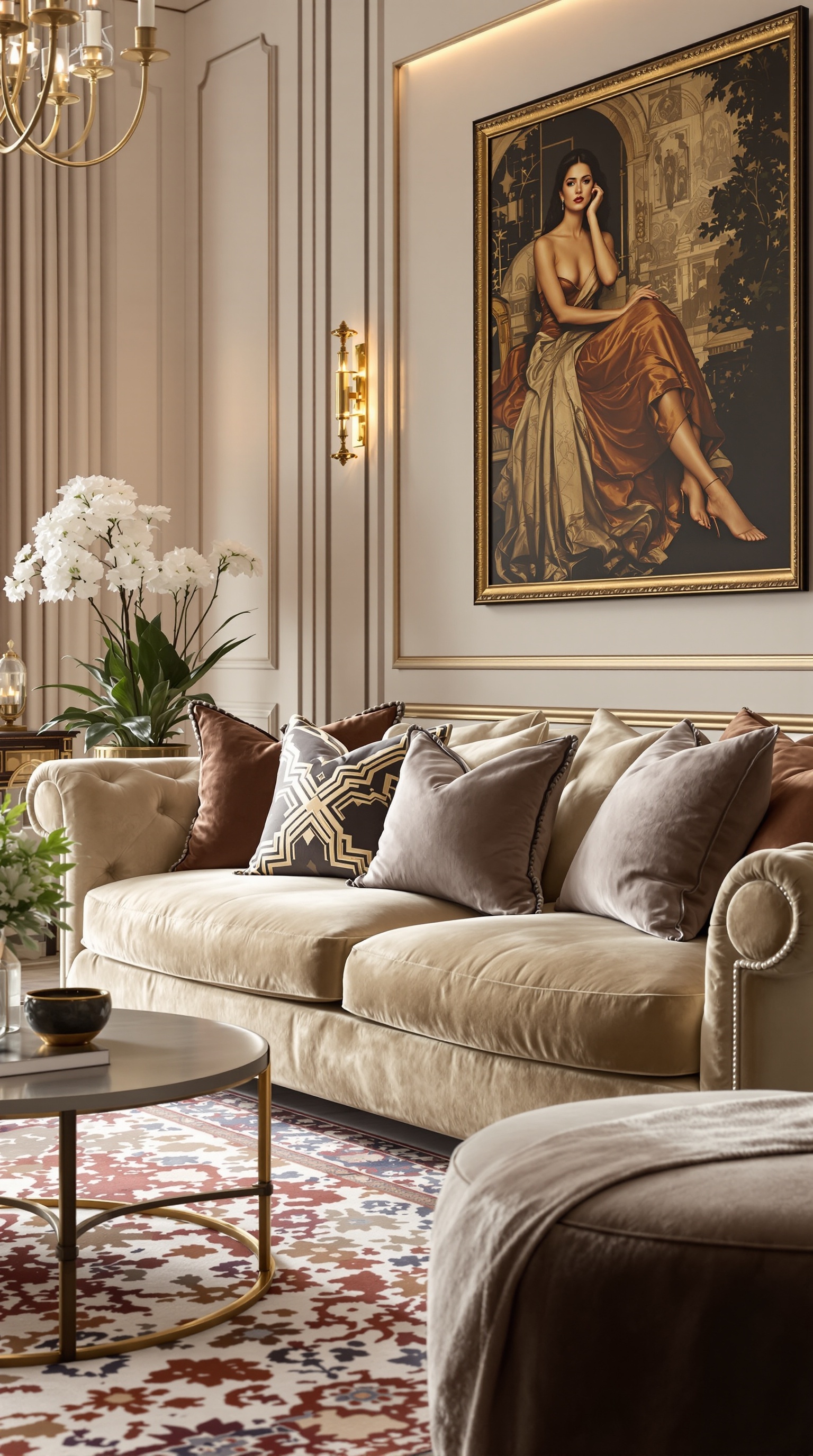 Ein elegantes, hellbeiges Sofa mit Kissen in einem stilvollen Wohnzimmer, das von natürlichem Licht durch große Fenster beleuchtet wird.