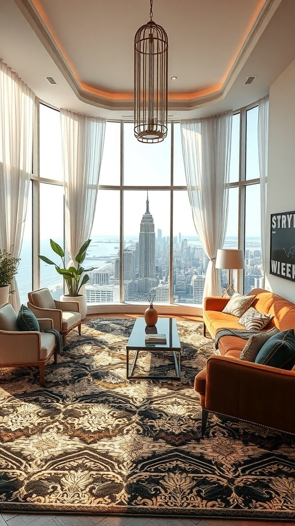 Ein stilvolles Wohnzimmer mit einem eleganten Teppich, großen Fenstern und einem Blick auf die Stadt.