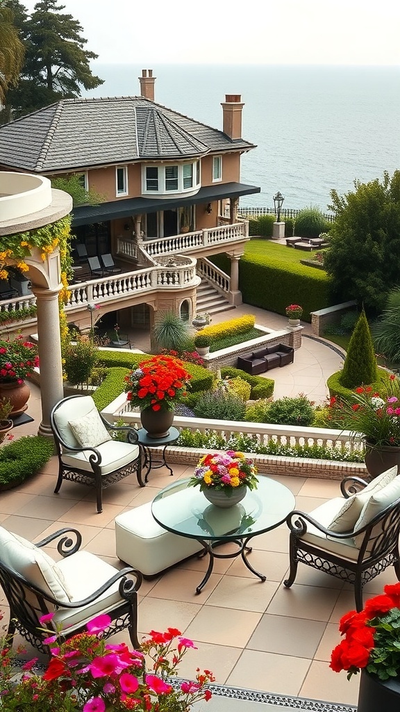 Eine elegante Terrasse mit Blick auf einen Garten und das Meer, ausgestattet mit bequemen Möbeln und bunten Blumen.