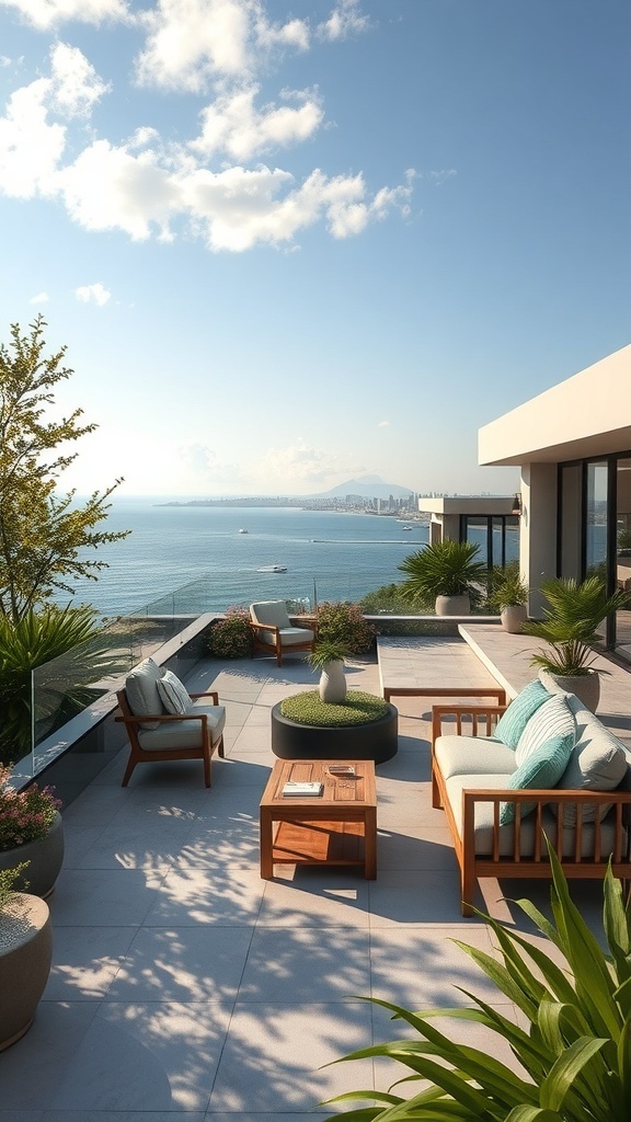 Moderne Terrasse mit Naturstein, Holzmöbeln und Blick auf das Wasser