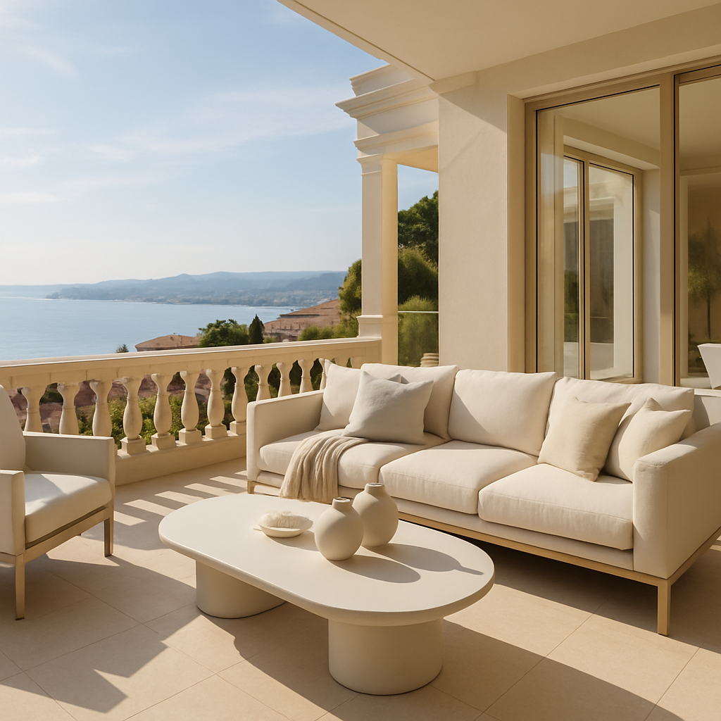 Moderne Terrasse mit Wasserblick, bequemen Möbeln und stilvollem Couchtisch