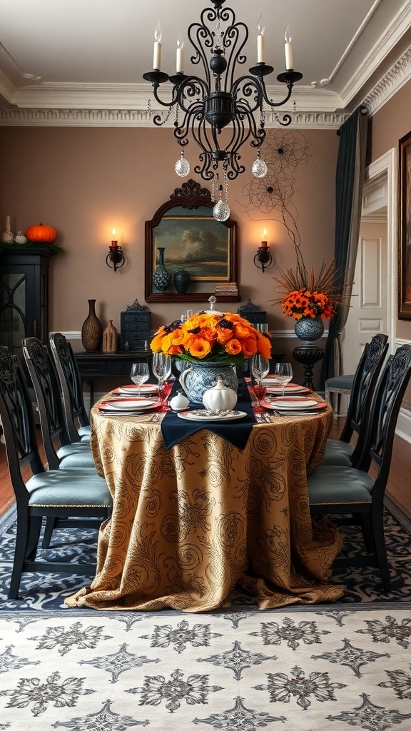 Eleganter Tisch für Halloween-Dinner mit goldener Tischdecke, Blumen und Kürbissen