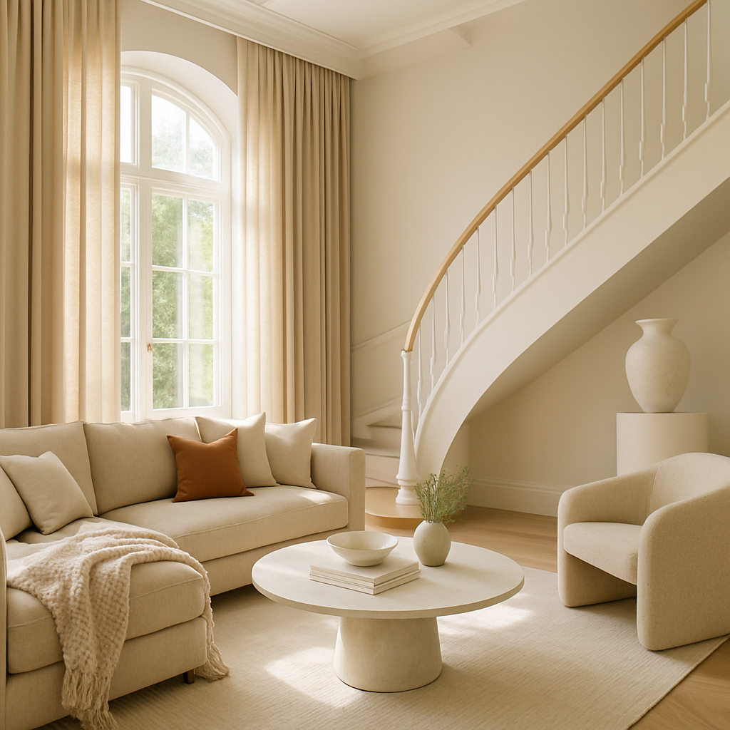 Ein modernes Wohnzimmer mit beigen Vorhängen, einem hellen Sofa und einer eleganten Treppe.