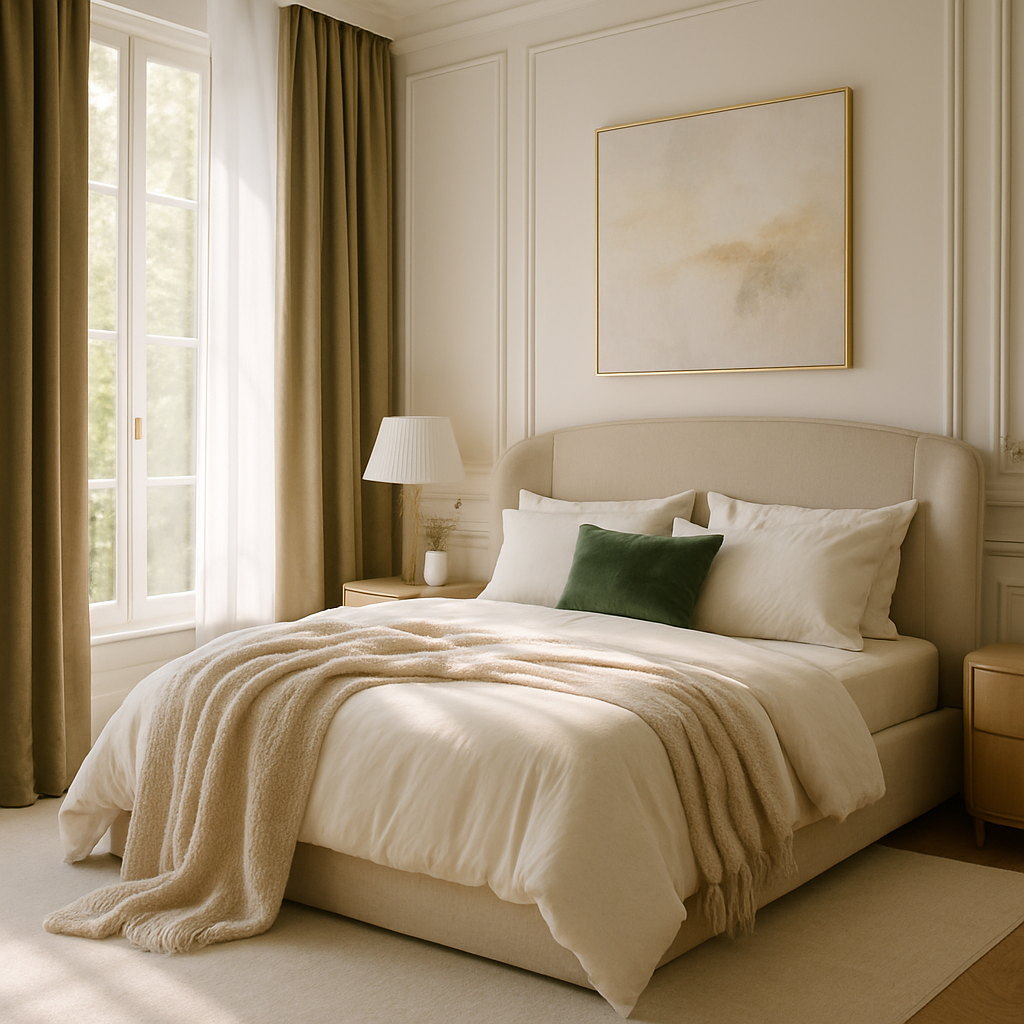 Ein stilvolles Schlafzimmer mit eleganten Vorhängen in sanften Erdtönen.