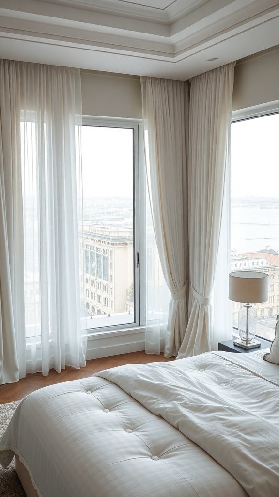 Helle, fließende Vorhänge in einem modernen Schlafzimmer mit Blick auf die Stadt.