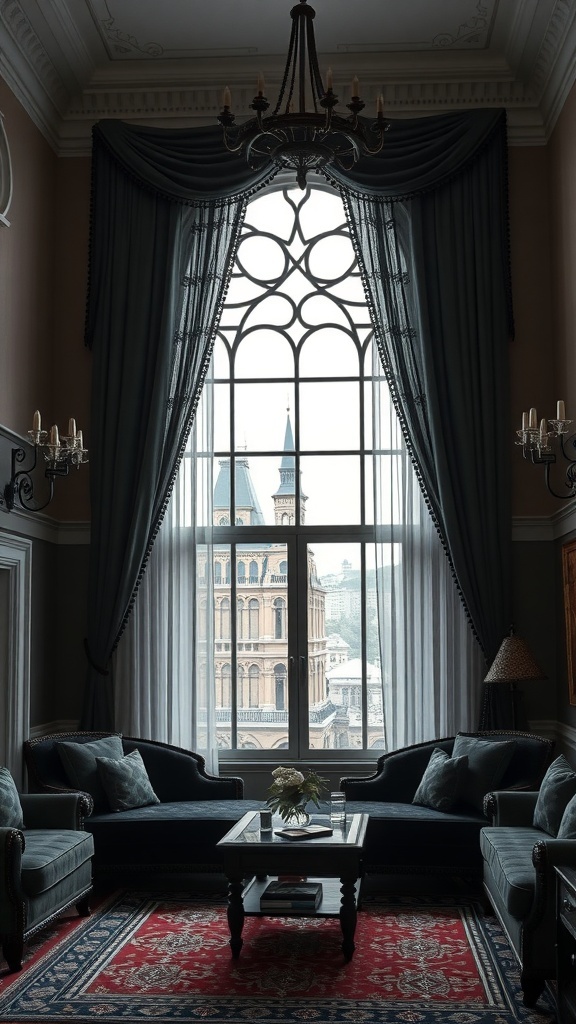 Luxuriöses Wohnzimmer mit eleganten Vorhängen und stilvollem Sichtschutz