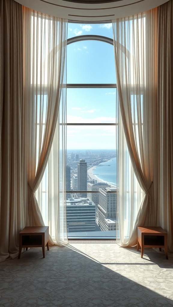 Elegante Vorhänge in einem modernen Raum mit Blick auf die Stadt