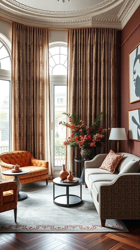 Elegante Vorhänge in einem stilvollen Wohnzimmer mit warmen Farben und gemütlichen Möbeln.