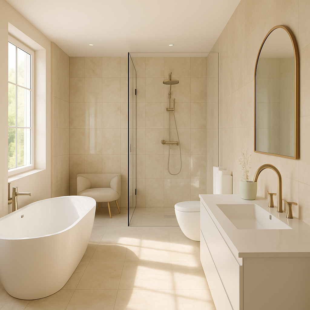 Modernes Badezimmer mit freistehender Badewanne, Designer-Armaturen und minimalistischer Einrichtung.