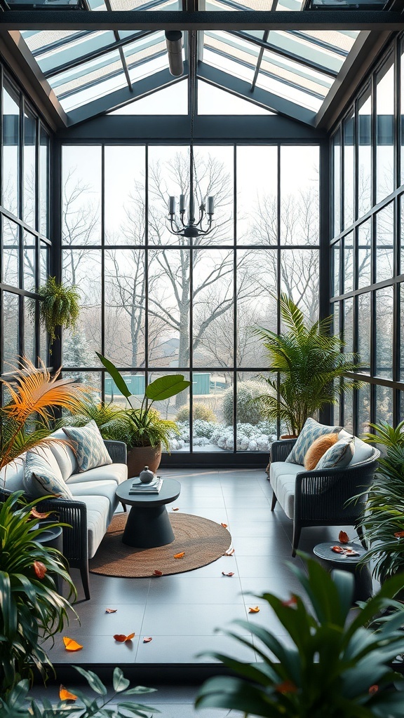 Eleganter Wintergarten mit großen Fenstern, modernen Möbeln und vielen Pflanzen