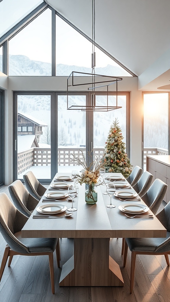 Eleganter Wintertisch mit Blick auf verschneite Landschaft