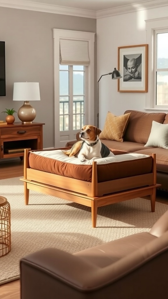 A beagle relaxing on a stylish elevated dog bed in a cozy living room setting.